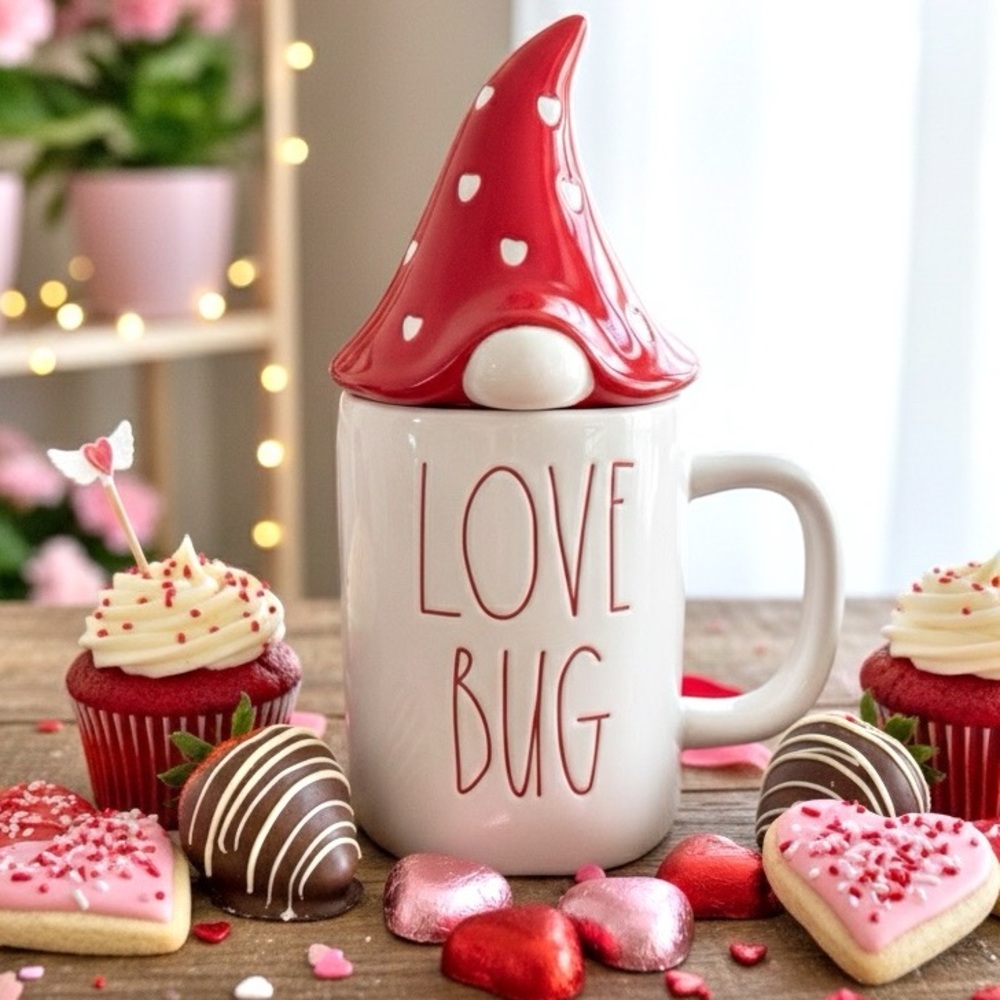 Rae Dunn LOVE BUG Red White Hearts Gnome Hat Mug Valentine’s Day Magenta 24 Oz